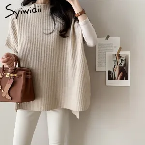 Back to College Joskaa Knitting Sweater Vests Women Fall Winter 2024 Fashion Pullovers Batwing Sleeve Loose Jumpers Korean Tank Top Black Gray
