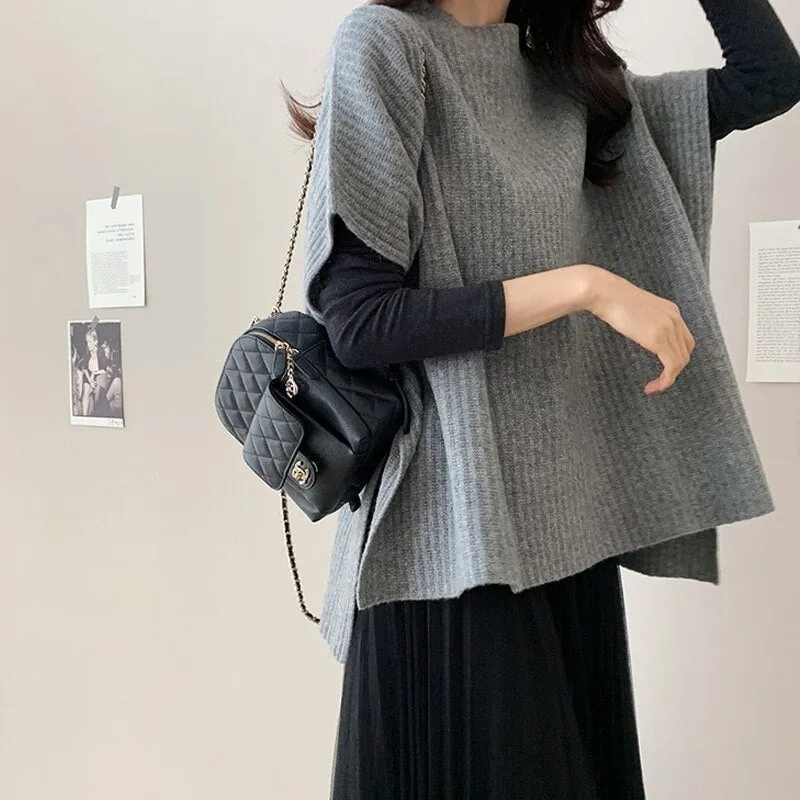 Back to College Joskaa Knitting Sweater Vests Women Fall Winter 2024 Fashion Pullovers Batwing Sleeve Loose Jumpers Korean Tank Top Black Gray