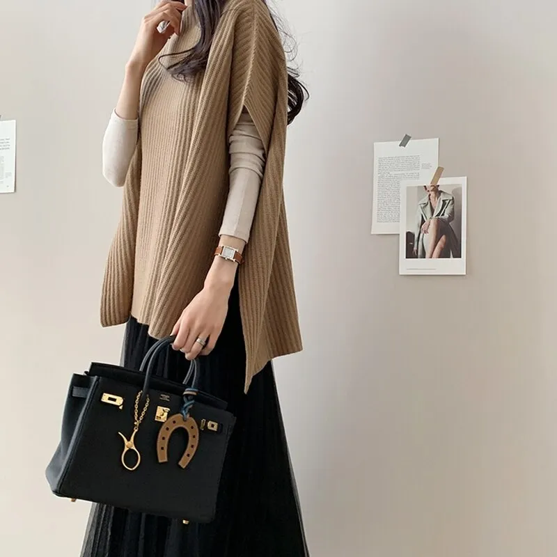Back to College Joskaa Knitting Sweater Vests Women Fall Winter 2024 Fashion Pullovers Batwing Sleeve Loose Jumpers Korean Tank Top Black Gray
