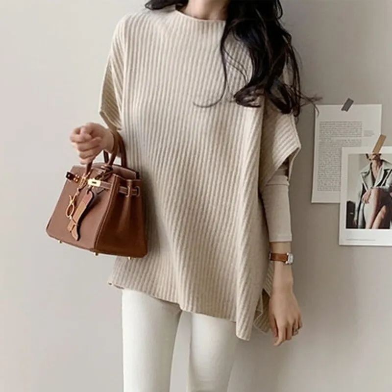 Back to College Joskaa Knitting Sweater Vests Women Fall Winter 2024 Fashion Pullovers Batwing Sleeve Loose Jumpers Korean Tank Top Black Gray