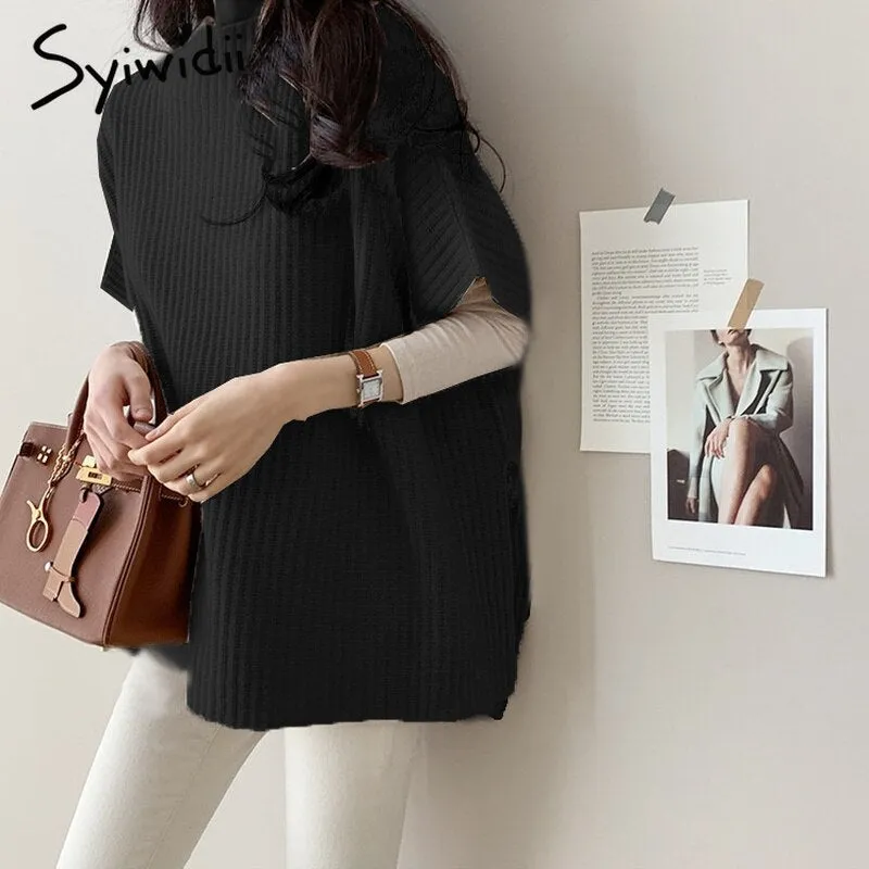 Back to College Joskaa Knitting Sweater Vests Women Fall Winter 2024 Fashion Pullovers Batwing Sleeve Loose Jumpers Korean Tank Top Black Gray