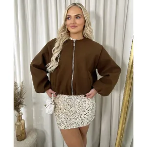 Cropped Zip Up Balloon Sleeve Bomber Jacket