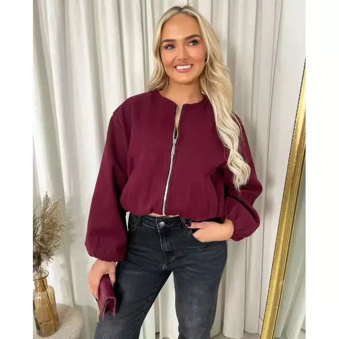 Cropped Zip Up Balloon Sleeve Bomber Jacket