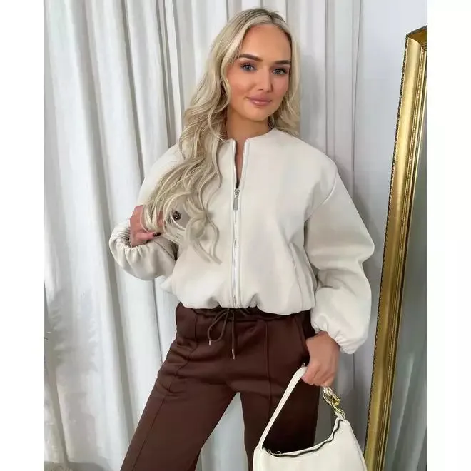 Cropped Zip Up Balloon Sleeve Bomber Jacket