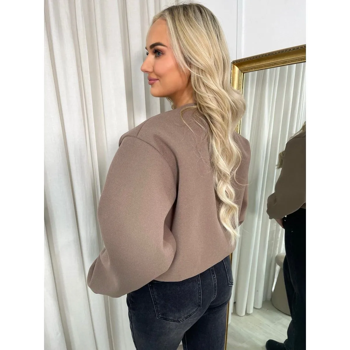 Cropped Zip Up Balloon Sleeve Bomber Jacket