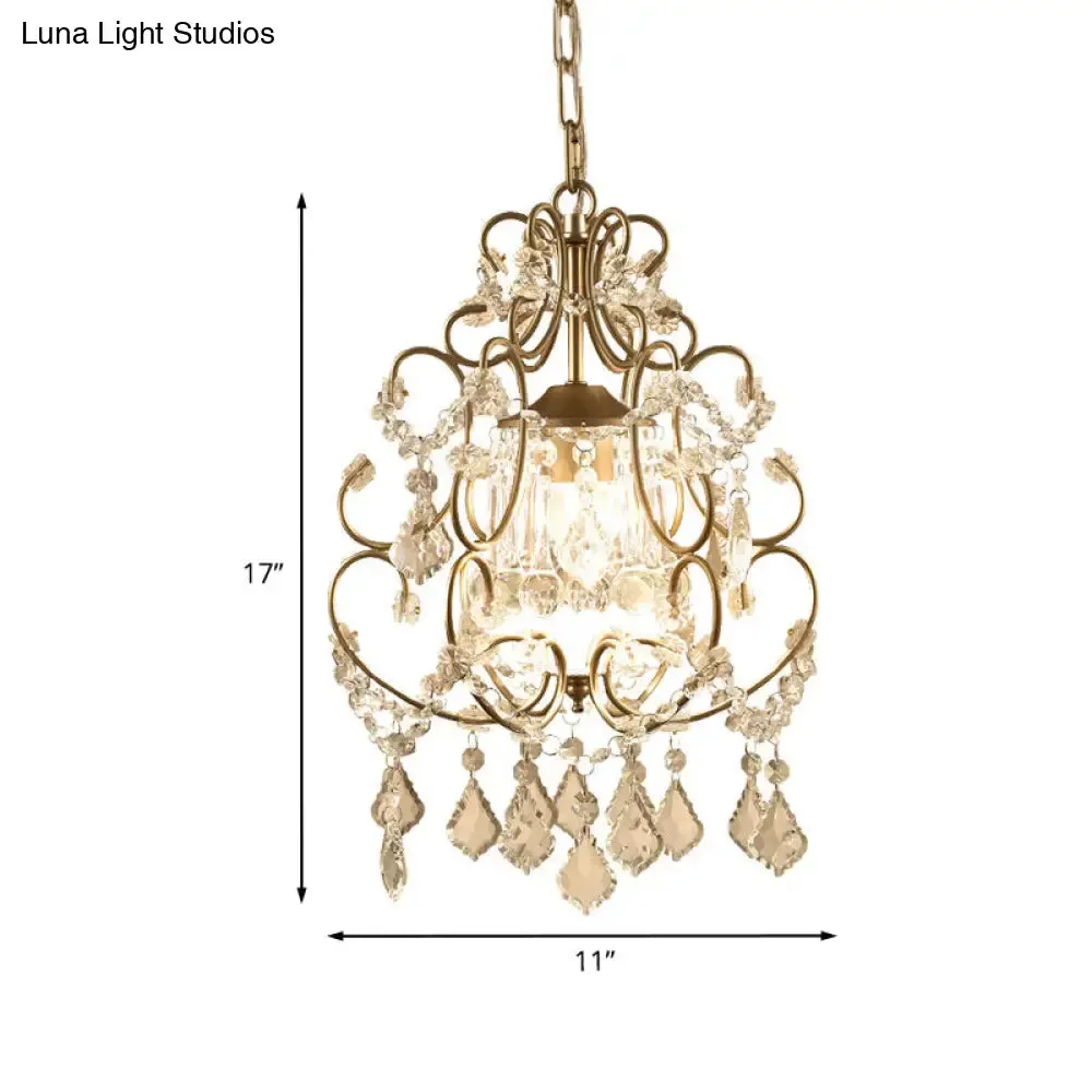 Curving Arm Crystal Chandelier with Lantern Design – Brass Finish & Crystal Draping