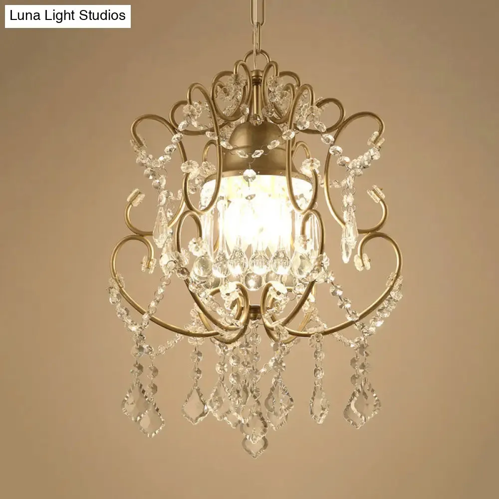 Curving Arm Crystal Chandelier with Lantern Design – Brass Finish & Crystal Draping
