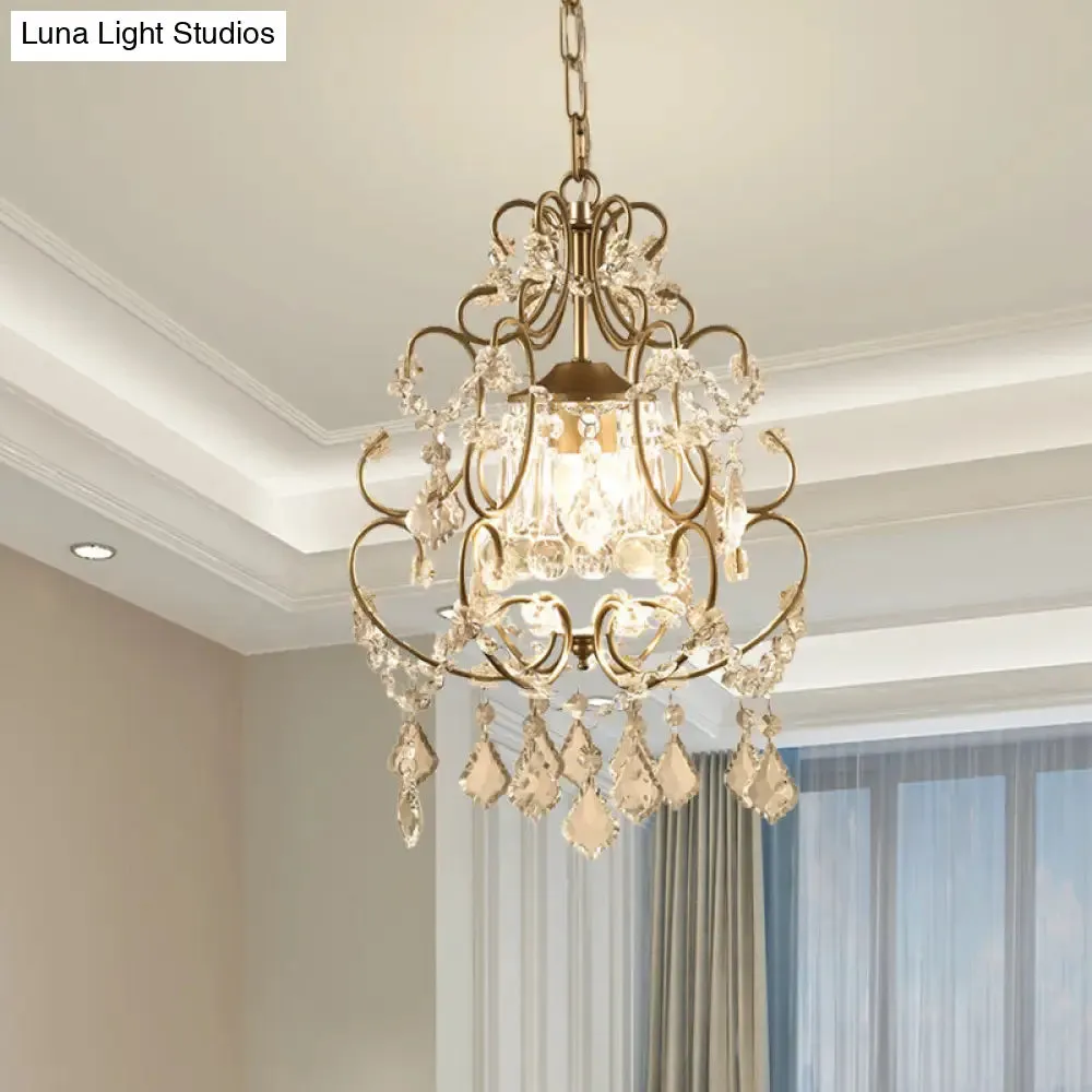 Curving Arm Crystal Chandelier with Lantern Design – Brass Finish & Crystal Draping