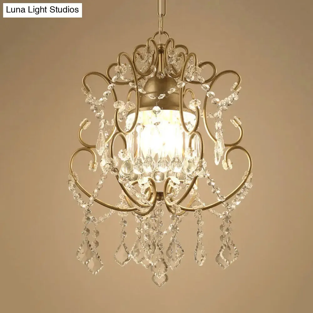 Curving Arm Crystal Chandelier with Lantern Design – Brass Finish & Crystal Draping