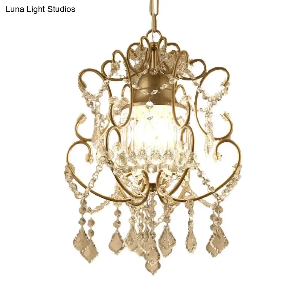 Curving Arm Crystal Chandelier with Lantern Design – Brass Finish & Crystal Draping
