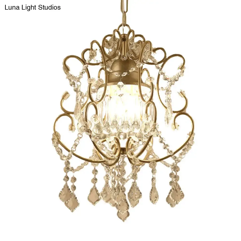 Curving Arm Crystal Chandelier with Lantern Design – Brass Finish & Crystal Draping