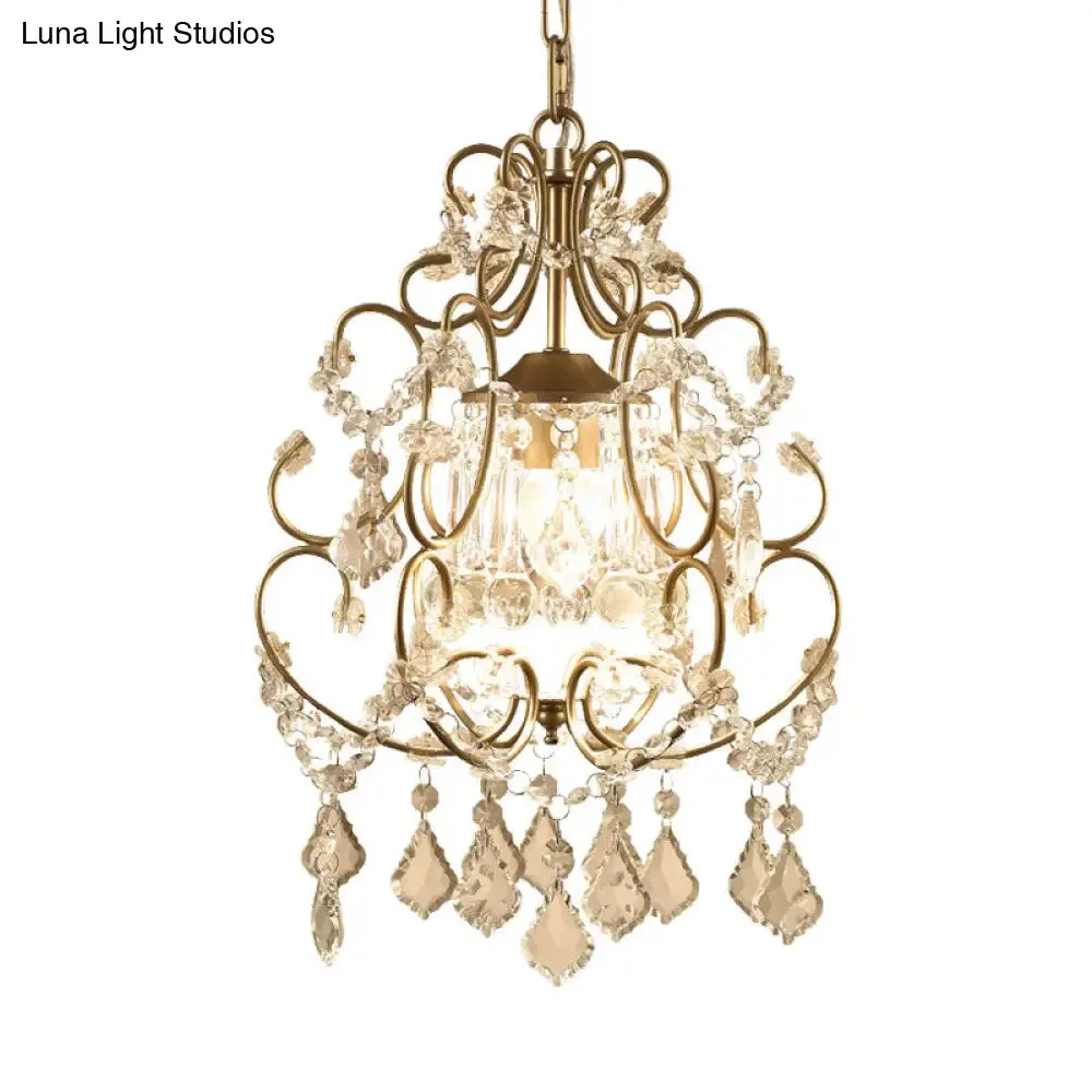 Curving Arm Crystal Chandelier with Lantern Design – Brass Finish & Crystal Draping