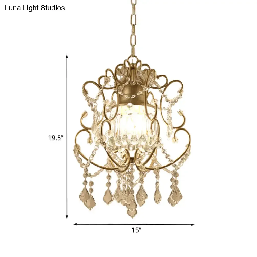 Curving Arm Crystal Chandelier with Lantern Design – Brass Finish & Crystal Draping