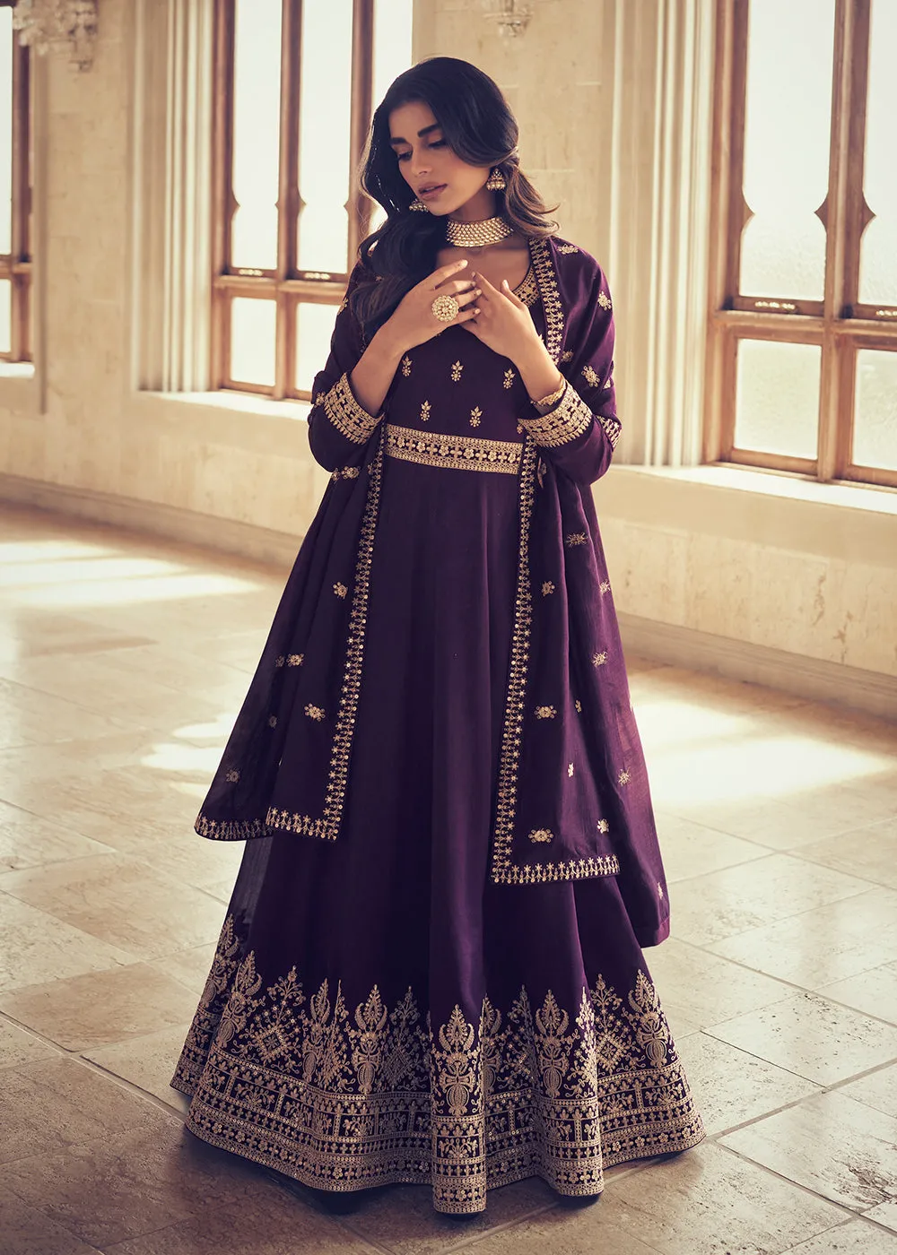 Designer Deep Purple Silk Floor Length Anarkali Suit