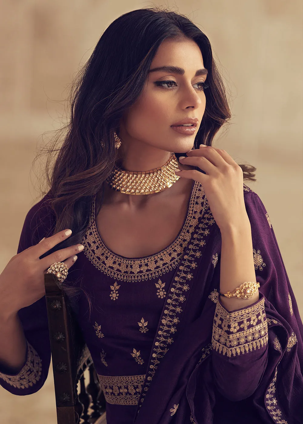 Designer Deep Purple Silk Floor Length Anarkali Suit