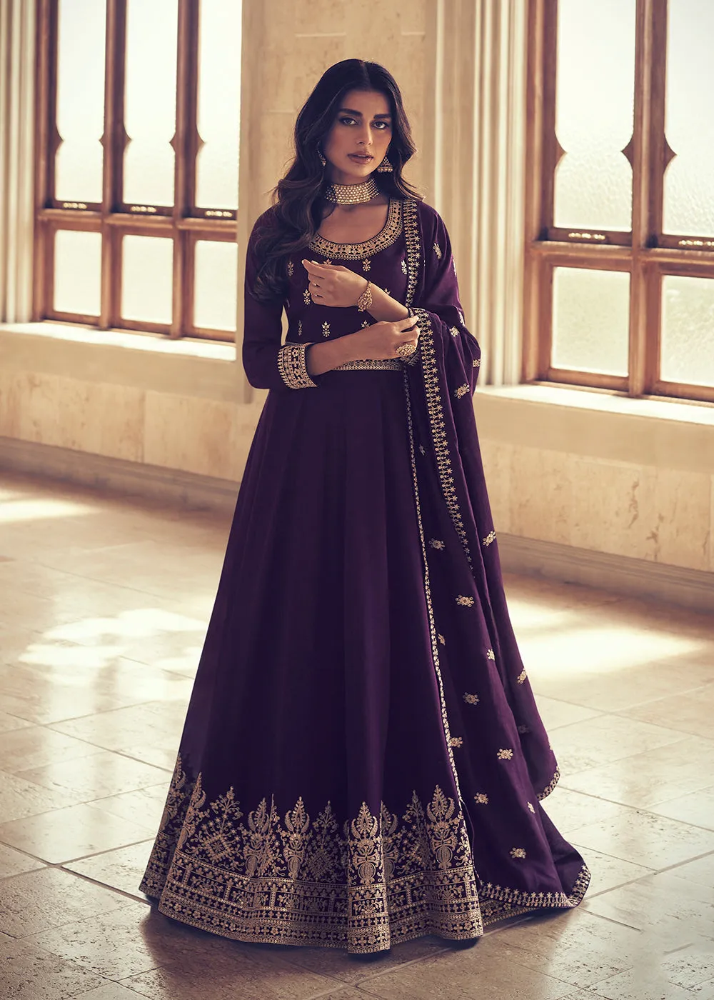 Designer Deep Purple Silk Floor Length Anarkali Suit
