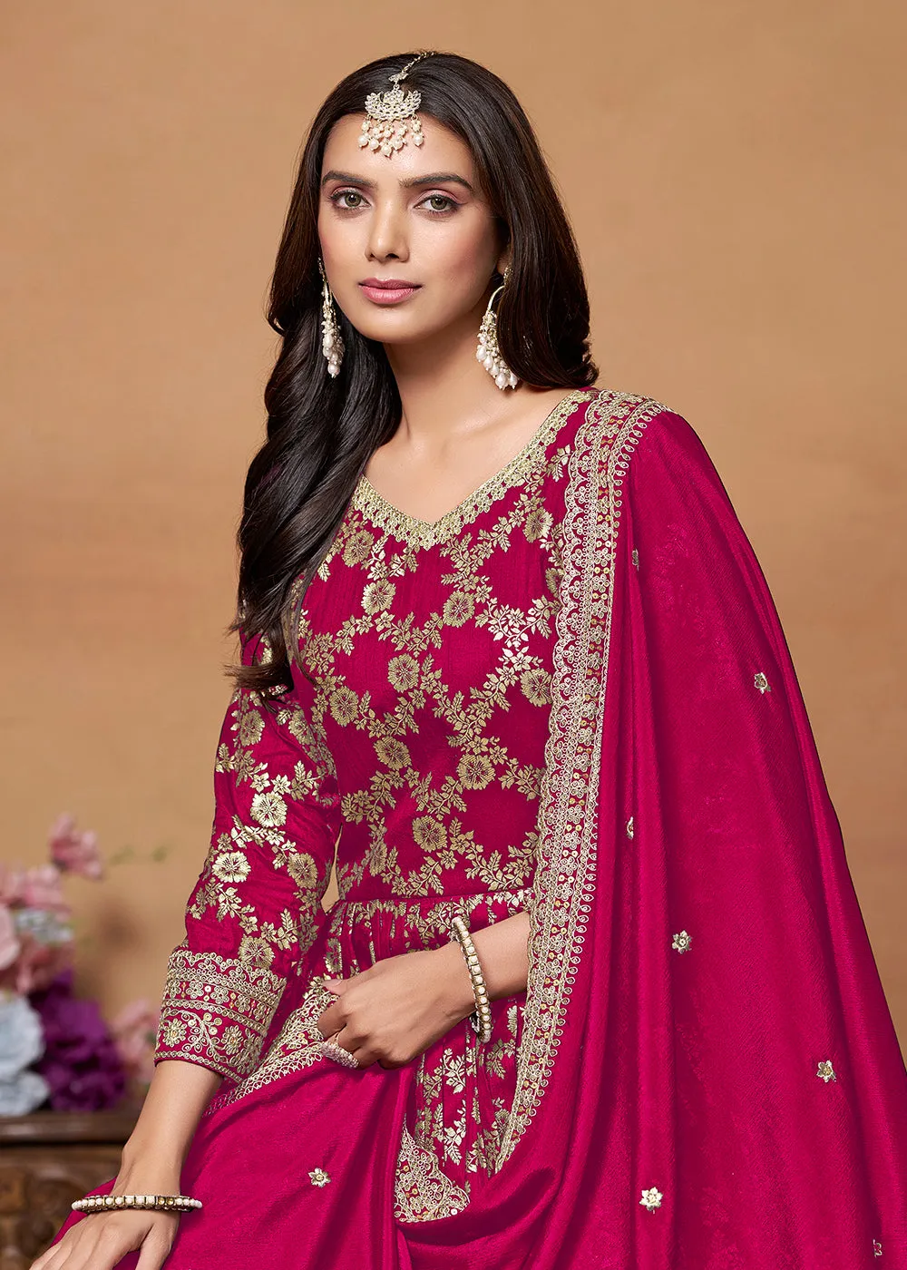 Dola Jacquard Pink Embroidered Festive Anarkali Suit