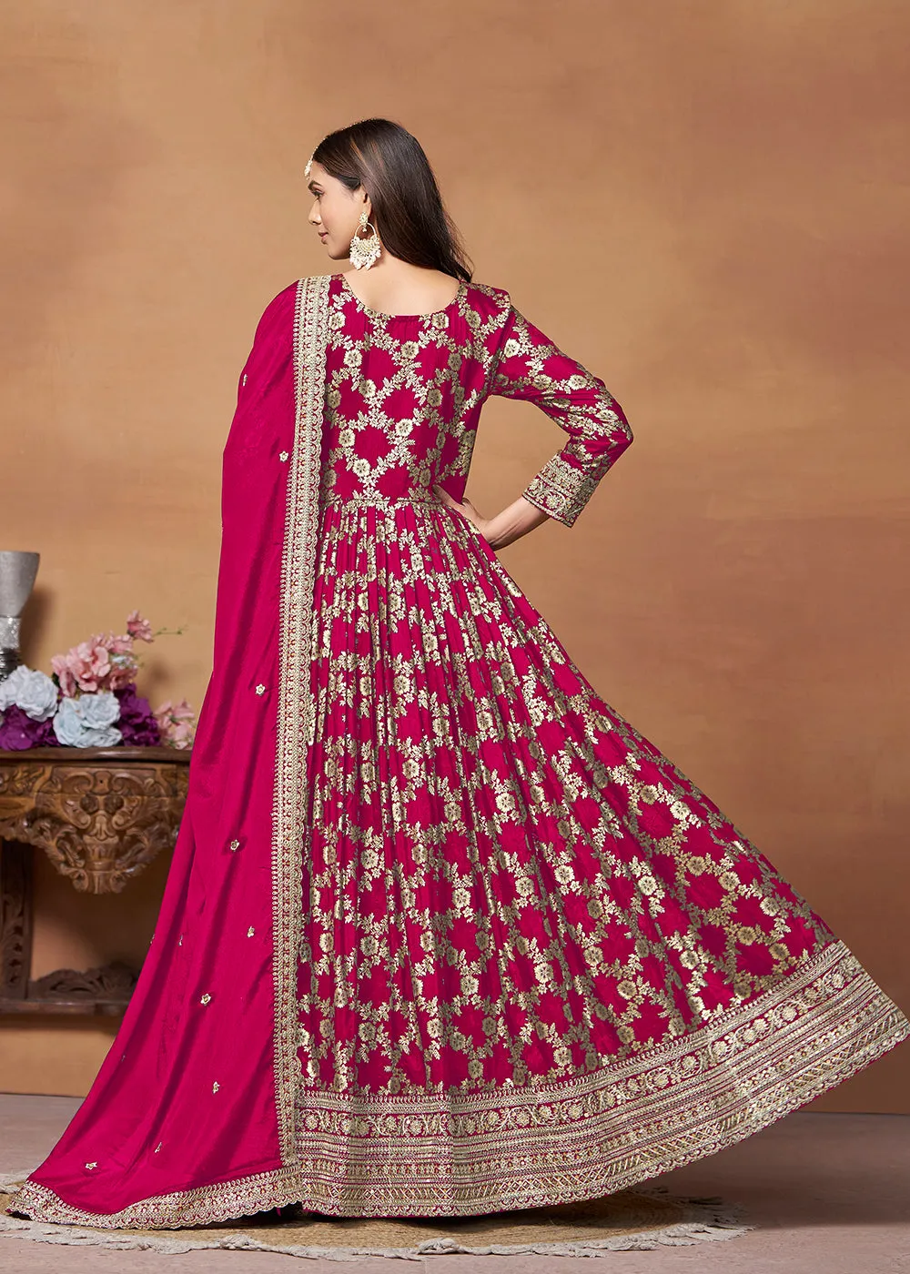 Dola Jacquard Pink Embroidered Festive Anarkali Suit