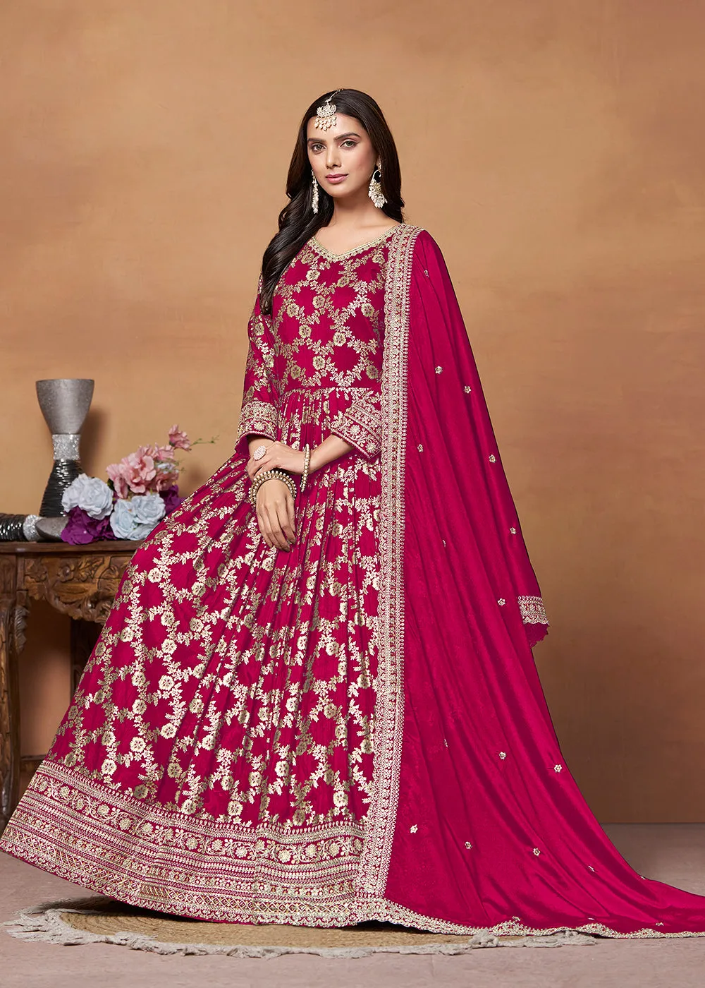 Dola Jacquard Pink Embroidered Festive Anarkali Suit