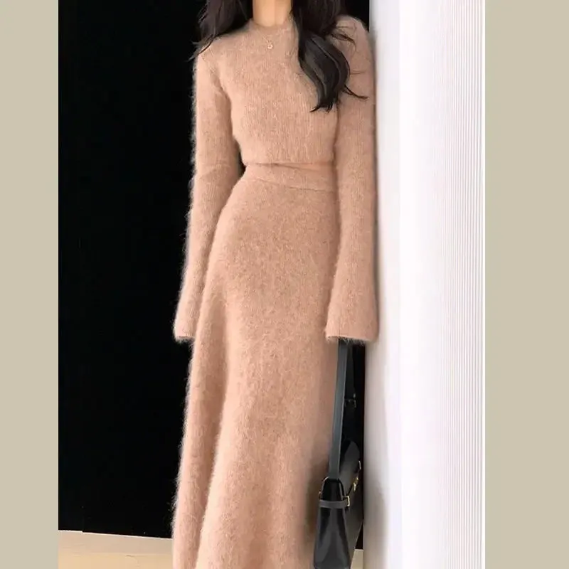 Fashionkova Autumn Winter Women Two Piece Outfits Sweater Set Elegant Vintage Slim Plush Long Sleeve Short Knit Pullover and Long Skirt Suit