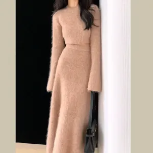 Fashionkova Autumn Winter Women Two Piece Outfits Sweater Set Elegant Vintage Slim Plush Long Sleeve Short Knit Pullover and Long Skirt Suit