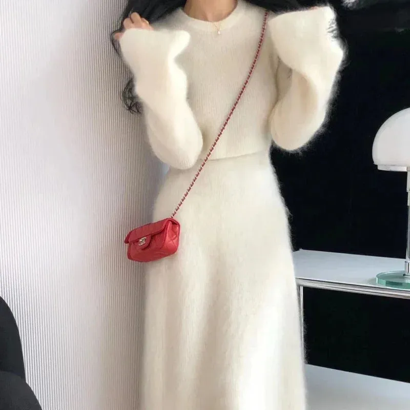 Fashionkova Autumn Winter Women Two Piece Outfits Sweater Set Elegant Vintage Slim Plush Long Sleeve Short Knit Pullover and Long Skirt Suit