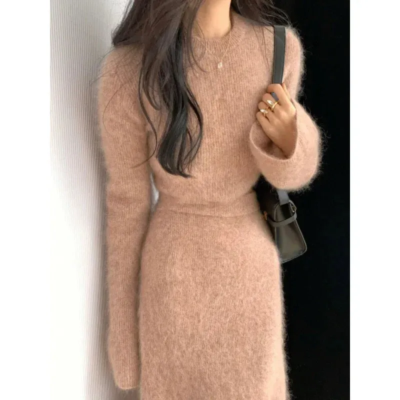 Fashionkova Autumn Winter Women Two Piece Outfits Sweater Set Elegant Vintage Slim Plush Long Sleeve Short Knit Pullover and Long Skirt Suit