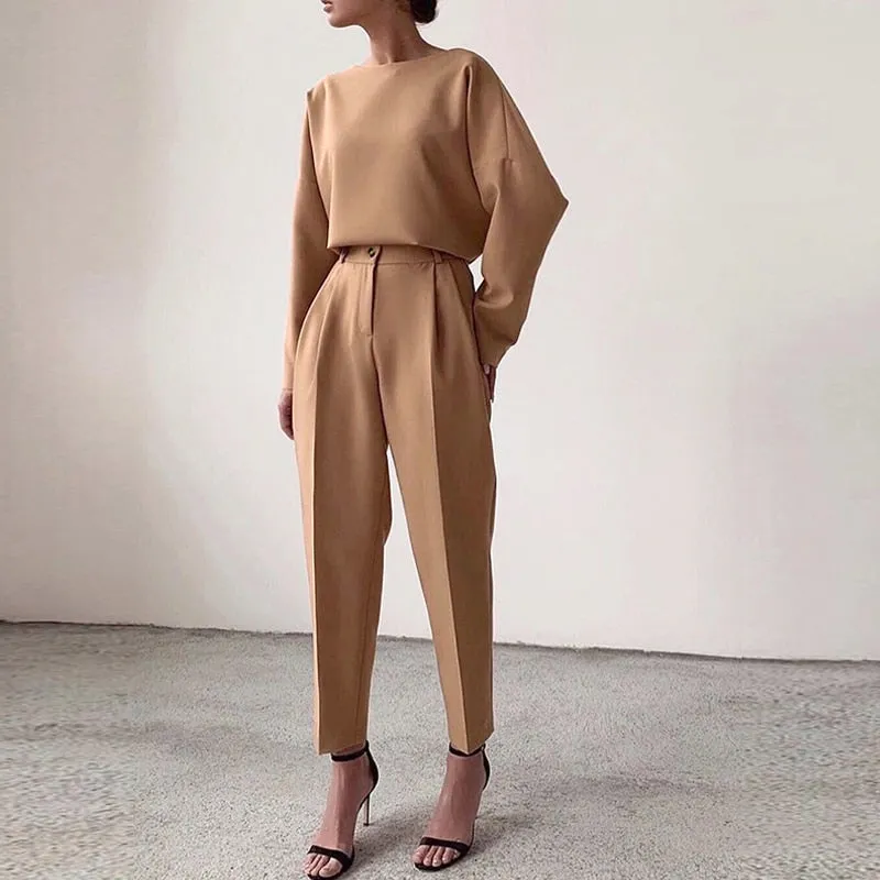 Fashionkova  Elegant O-Neck Pullover Tops And Long Pant Outfits Office Casual Long Sleeve Loose 2Pc Suits Women Fashion Slimple Solid Outfits