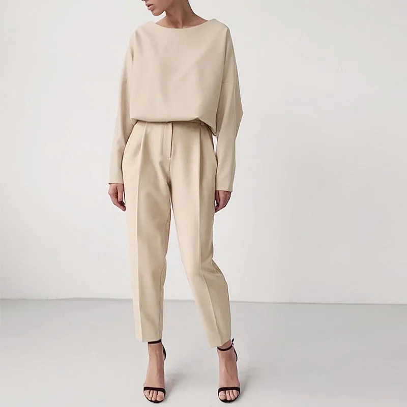 Fashionkova  Elegant O-Neck Pullover Tops And Long Pant Outfits Office Casual Long Sleeve Loose 2Pc Suits Women Fashion Slimple Solid Outfits