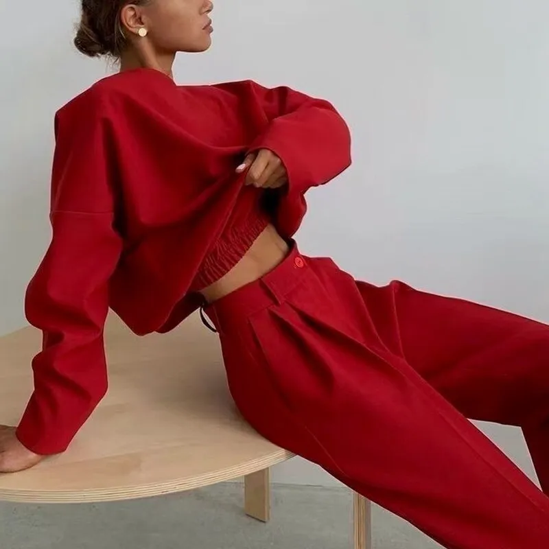 Fashionkova  Elegant O-Neck Pullover Tops And Long Pant Outfits Office Casual Long Sleeve Loose 2Pc Suits Women Fashion Slimple Solid Outfits