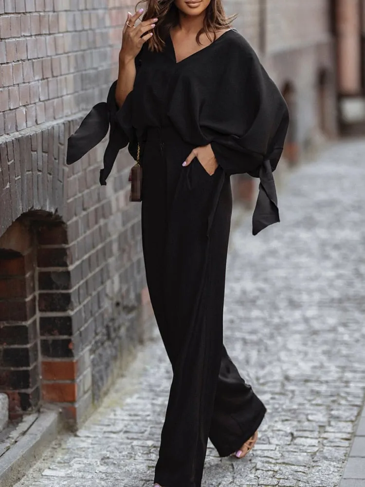 Fashionkova  Elegant V Neck Long Sleeve Tie-Up Shirt And Button Pants Sets Women Casual Loose Two Piece Suits Office Fashion Homewear Outfits
