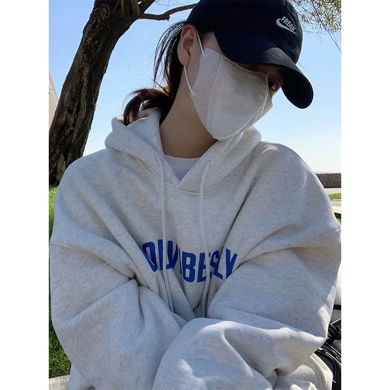 Fashionkova  Womens Clothing Grey Vintage Street Sweatshirt Hoodie Letter Printing Long Sleeves Casual Warm Oversize Baggy Ladies Tops Autumn