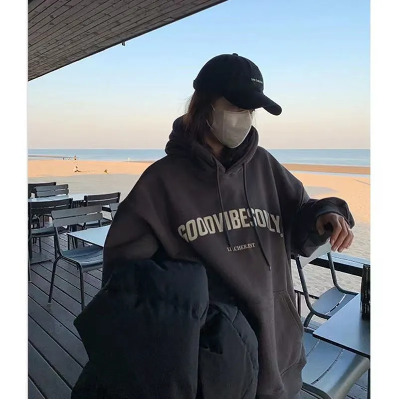Fashionkova  Womens Clothing Grey Vintage Street Sweatshirt Hoodie Letter Printing Long Sleeves Casual Warm Oversize Baggy Ladies Tops Autumn