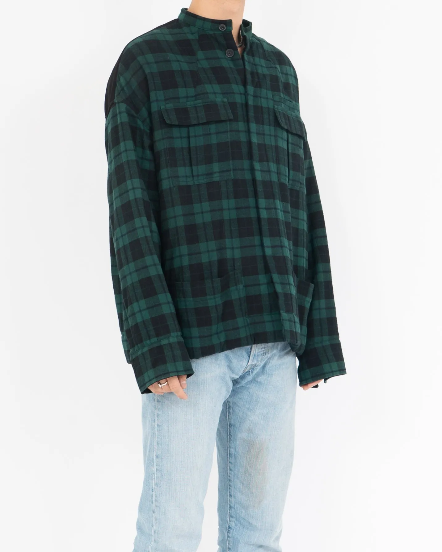 FW17 Quilted Mandarin Collar Green Checked Shirt Velvet Patch