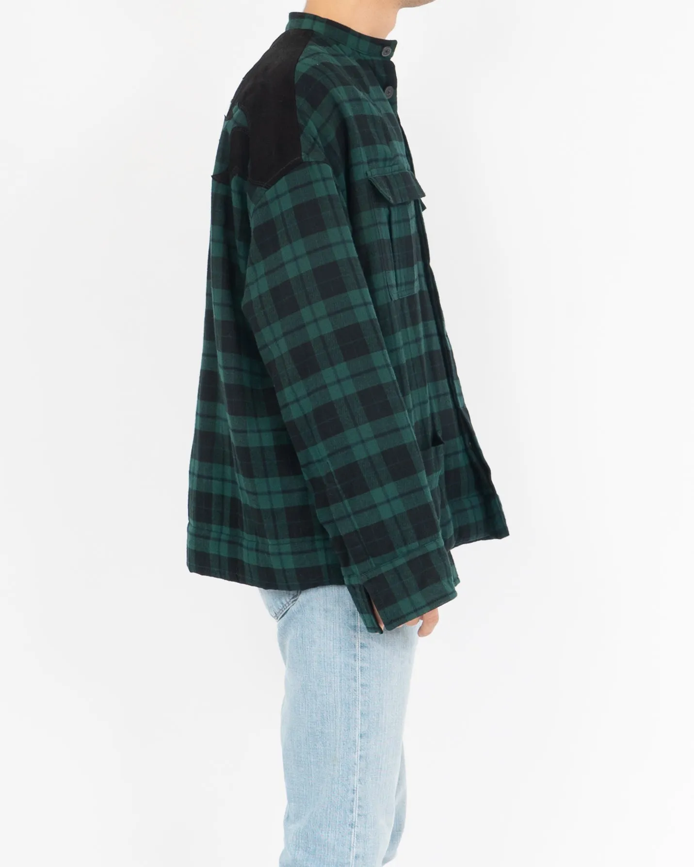 FW17 Quilted Mandarin Collar Green Checked Shirt Velvet Patch