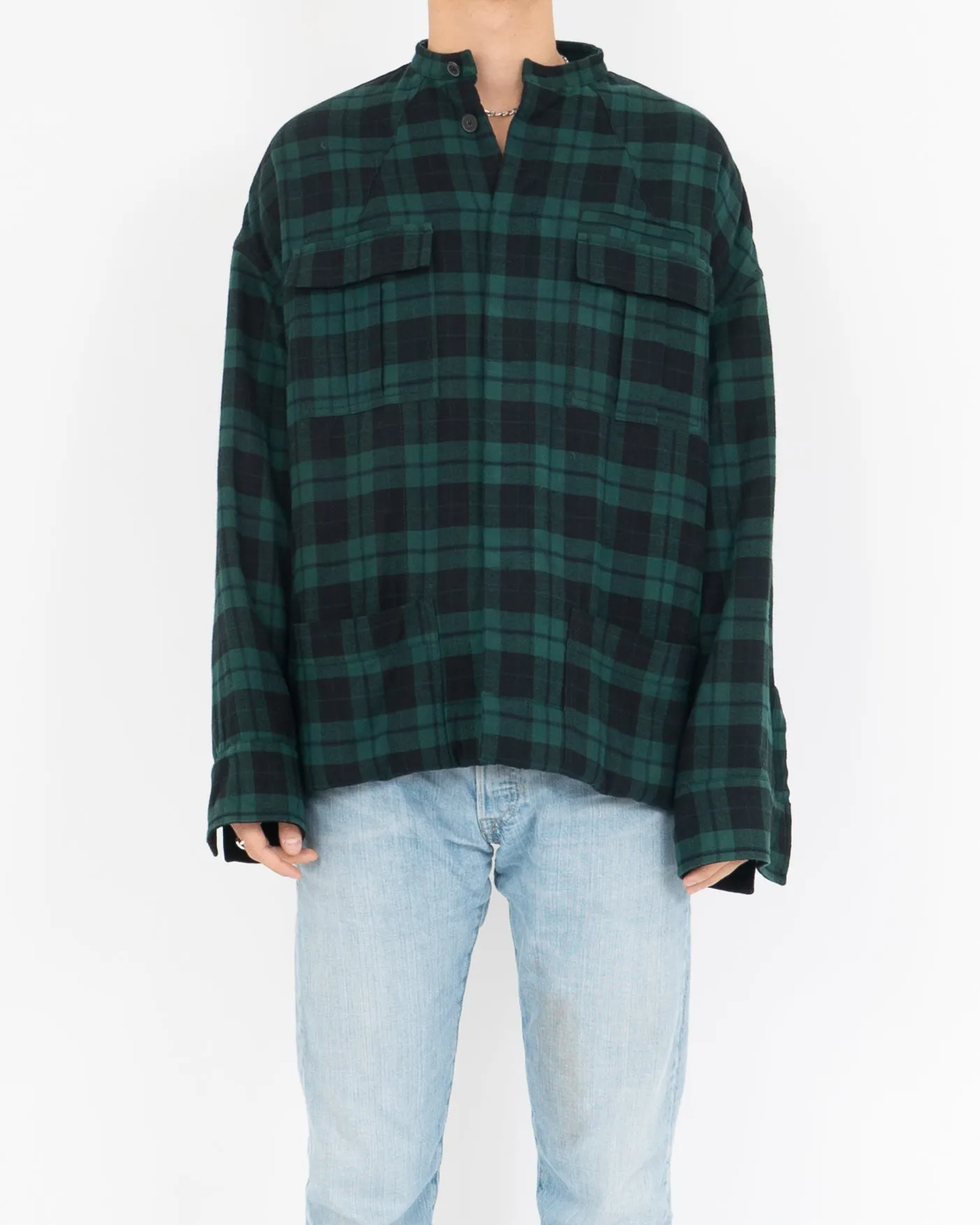 FW17 Quilted Mandarin Collar Green Checked Shirt Velvet Patch