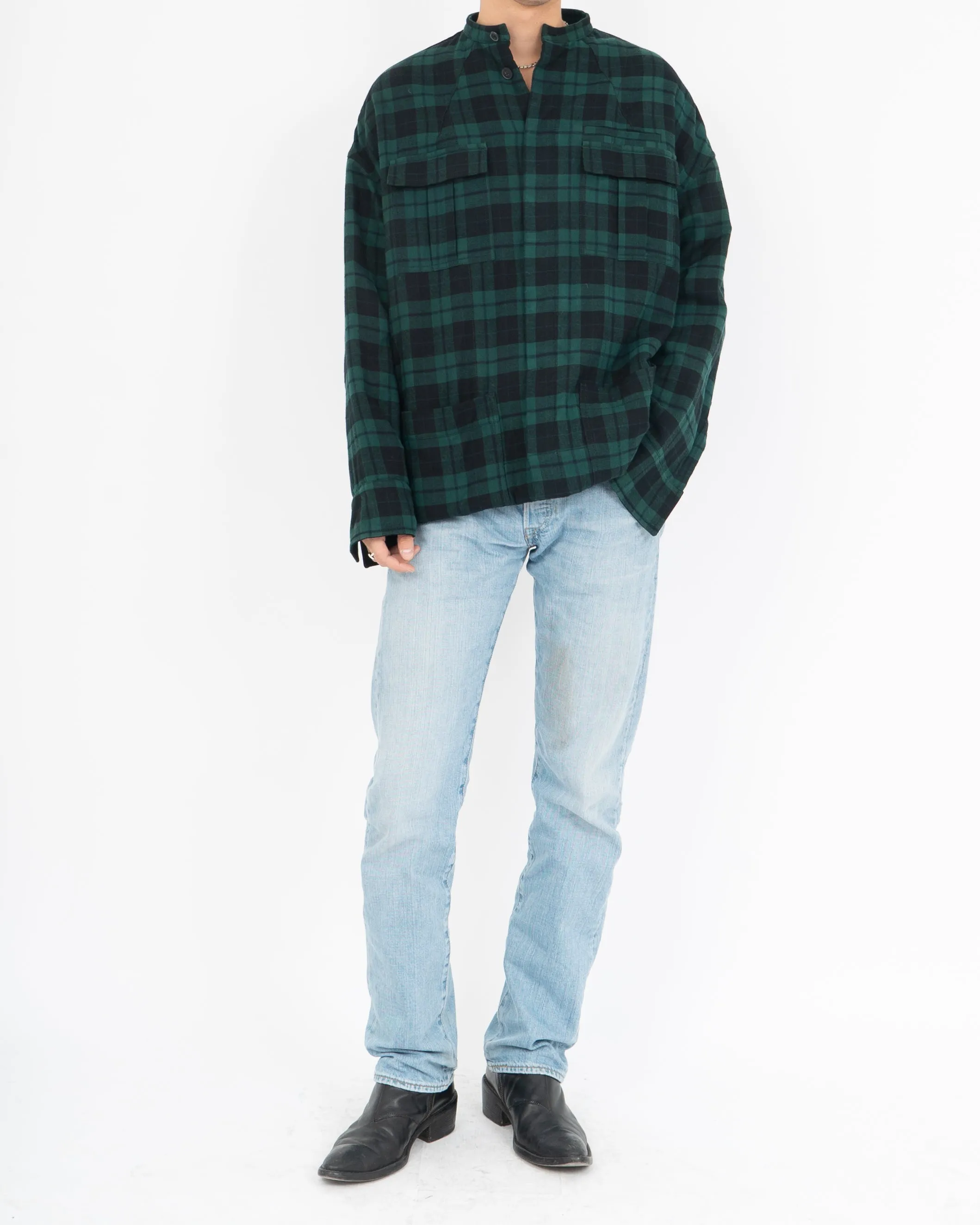 FW17 Quilted Mandarin Collar Green Checked Shirt Velvet Patch