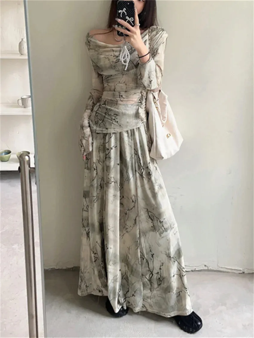Girlary Elegant Slash Neck Blouses Women Tie-Dying Long Skirts 2024 Gentle Elegant Office Lady Spring Printed Florals Suits