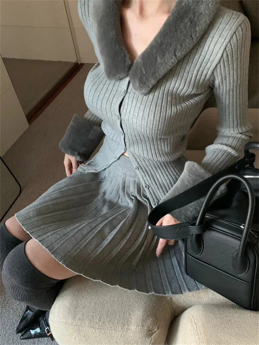 Girlary Spring Camping Knitwear Sweaters Women OL 2024 Chic Pleated Mini Skirts Suits Daily Office Lady High Street Elegant