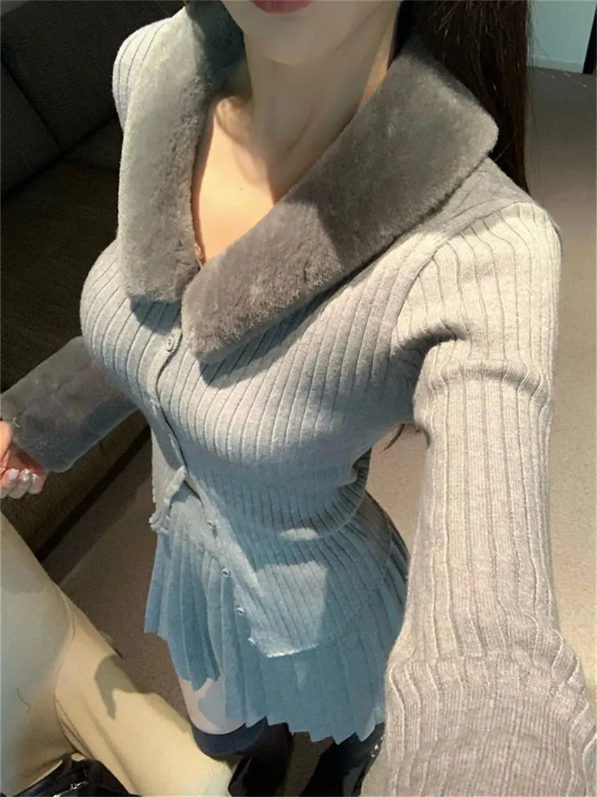 Girlary Spring Camping Knitwear Sweaters Women OL 2024 Chic Pleated Mini Skirts Suits Daily Office Lady High Street Elegant
