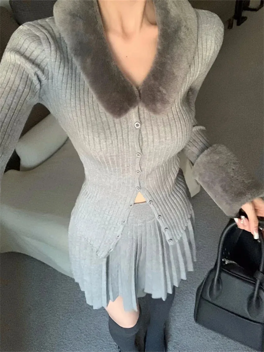 Girlary Spring Camping Knitwear Sweaters Women OL 2024 Chic Pleated Mini Skirts Suits Daily Office Lady High Street Elegant