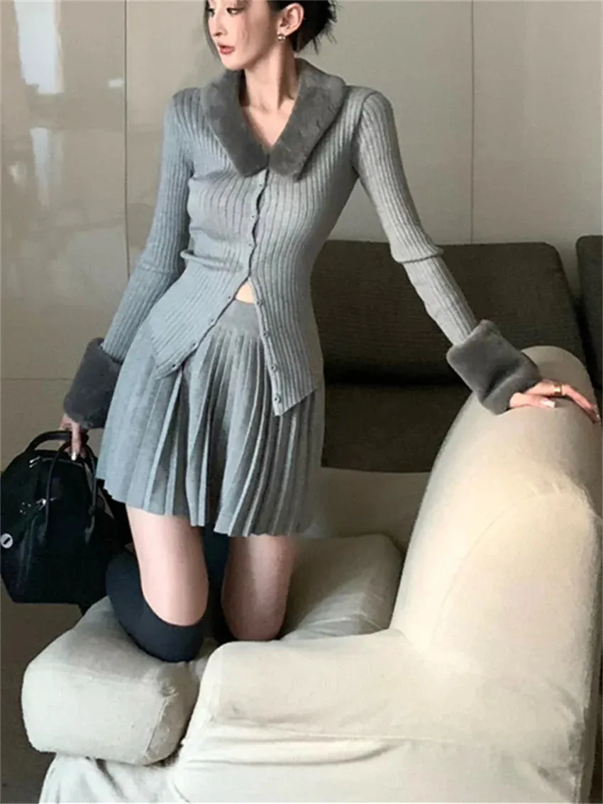 Girlary Spring Camping Knitwear Sweaters Women OL 2024 Chic Pleated Mini Skirts Suits Daily Office Lady High Street Elegant