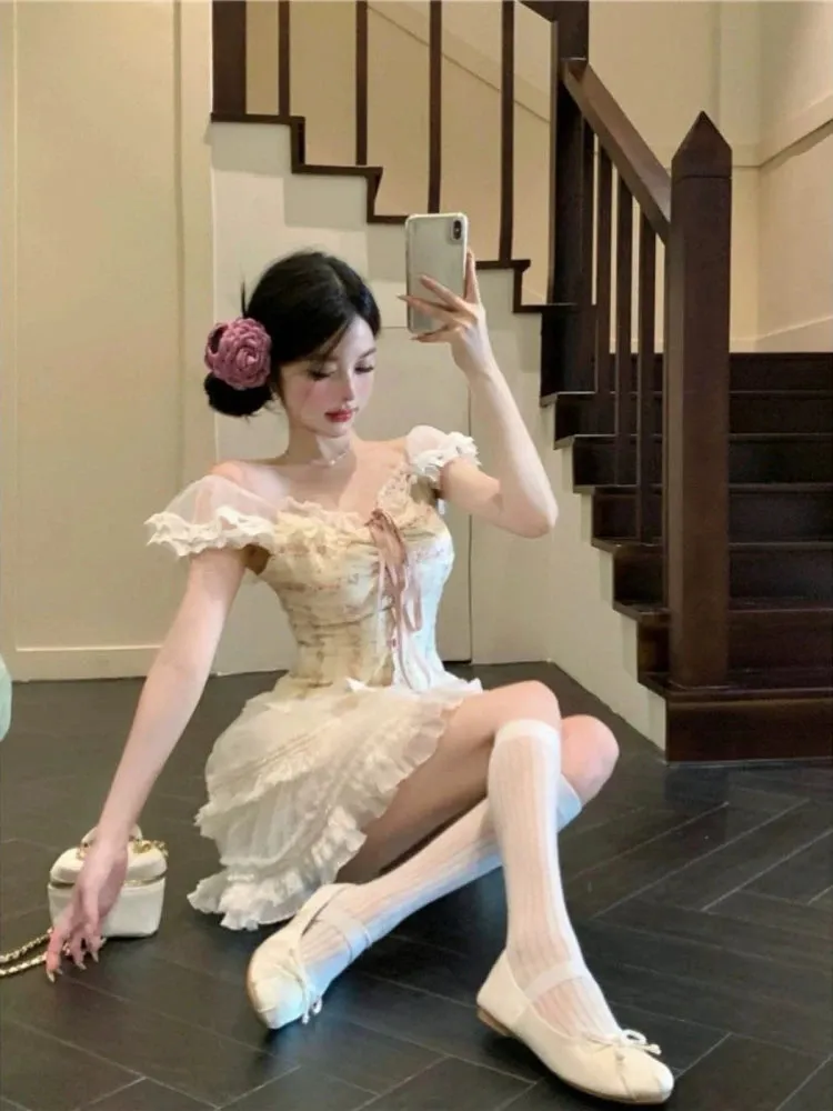 Girlary Sweet Kawaii 2 Piece Skirt Sets Women Casual Y2k Corset Tops   Lace Mini Skirts Japanese Lolita Suits Female Elegant Clothing