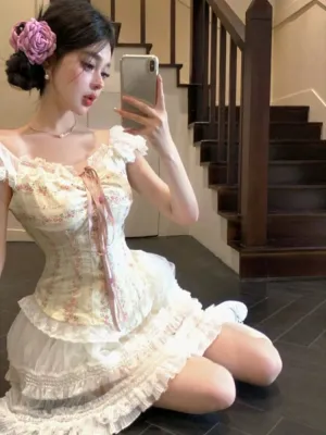 Girlary Sweet Kawaii 2 Piece Skirt Sets Women Casual Y2k Corset Tops   Lace Mini Skirts Japanese Lolita Suits Female Elegant Clothing