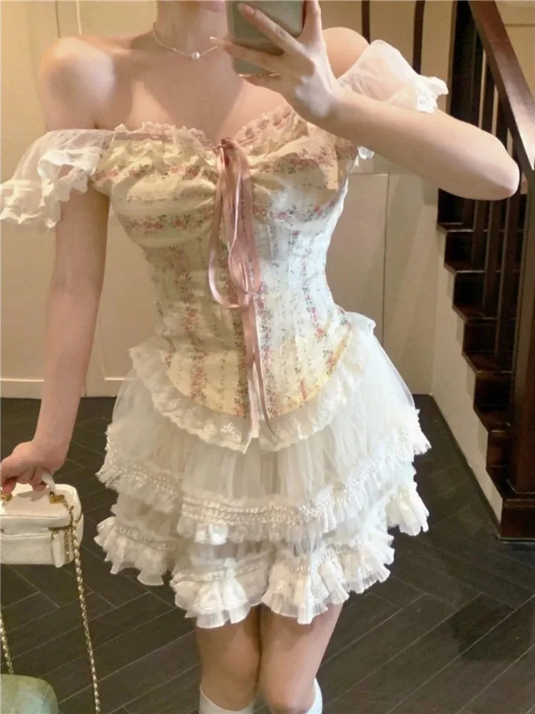 Girlary Sweet Kawaii 2 Piece Skirt Sets Women Casual Y2k Corset Tops   Lace Mini Skirts Japanese Lolita Suits Female Elegant Clothing
