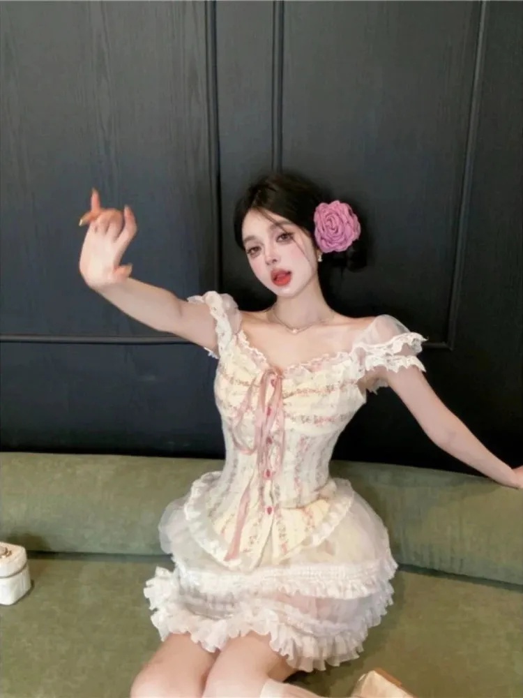 Girlary Sweet Kawaii 2 Piece Skirt Sets Women Casual Y2k Corset Tops   Lace Mini Skirts Japanese Lolita Suits Female Elegant Clothing