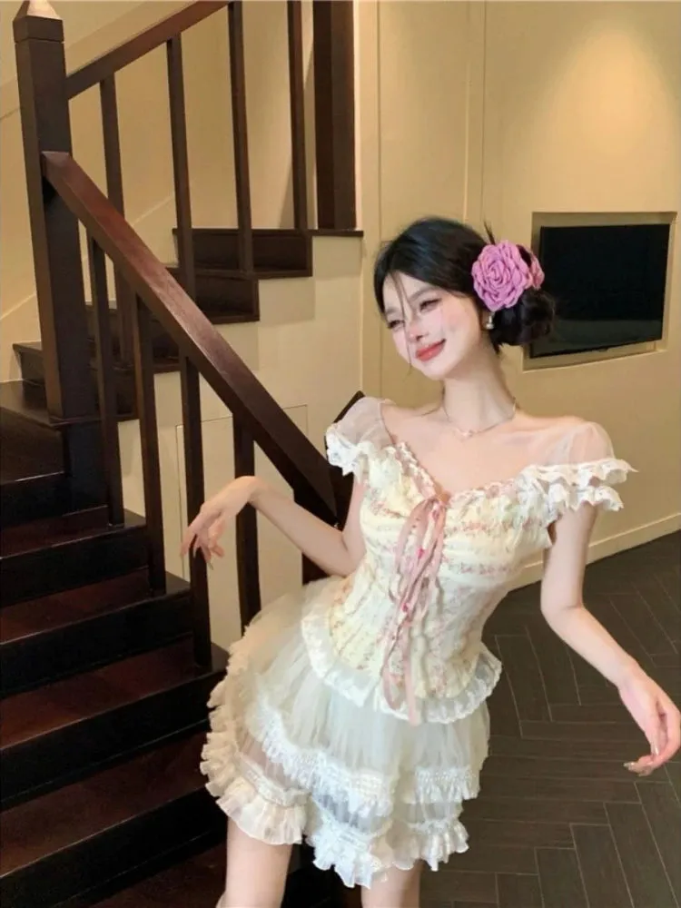 Girlary Sweet Kawaii 2 Piece Skirt Sets Women Casual Y2k Corset Tops   Lace Mini Skirts Japanese Lolita Suits Female Elegant Clothing