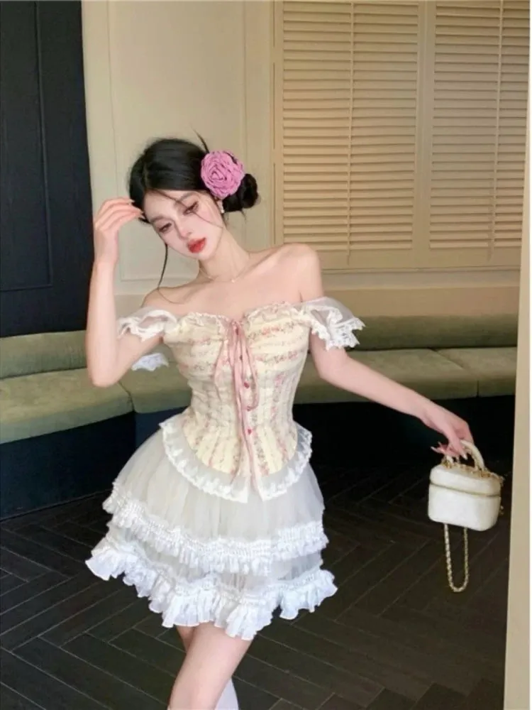Girlary Sweet Kawaii 2 Piece Skirt Sets Women Casual Y2k Corset Tops   Lace Mini Skirts Japanese Lolita Suits Female Elegant Clothing