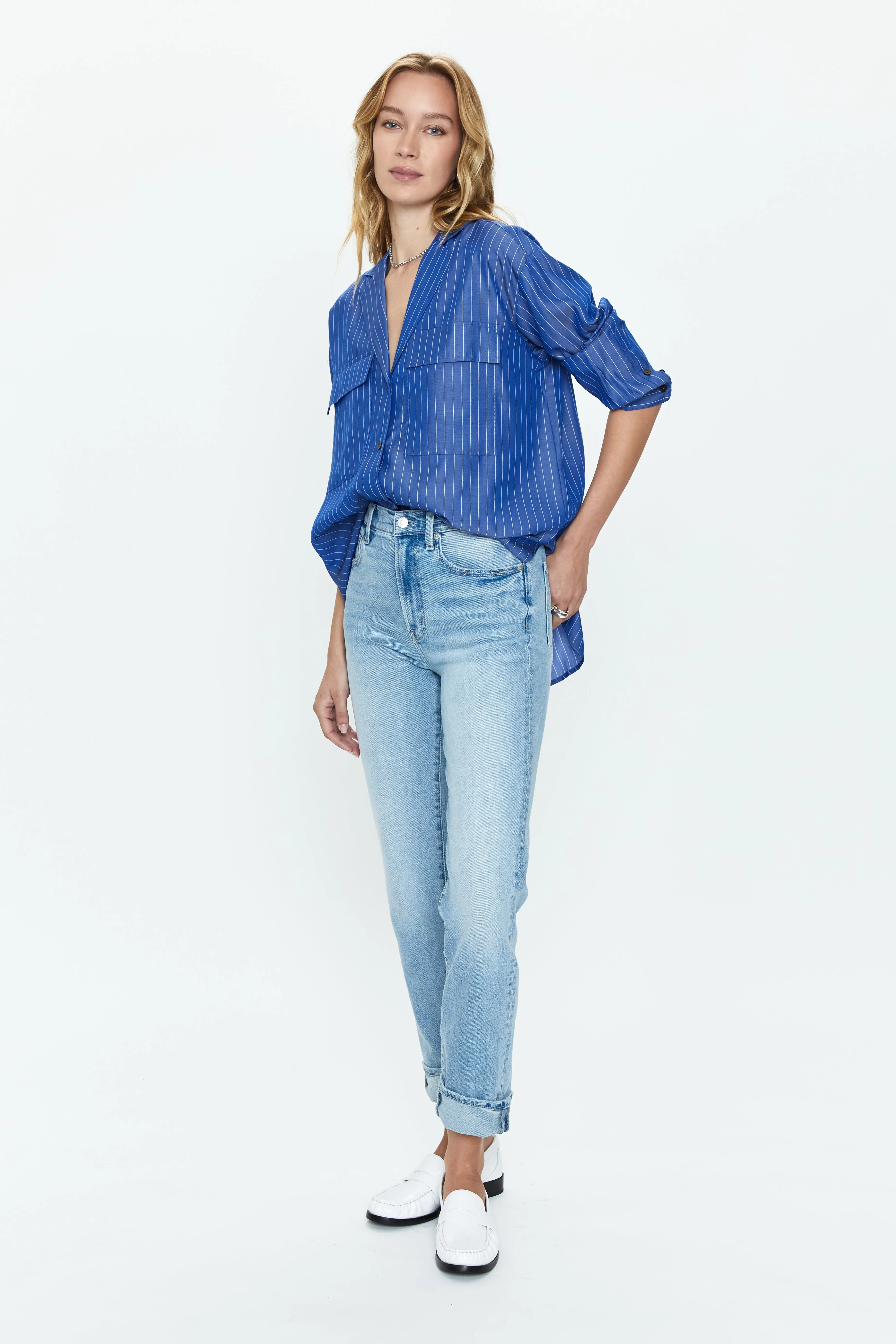 Irene Effortless Button Down Shirt - Dark Blue Pinstripe