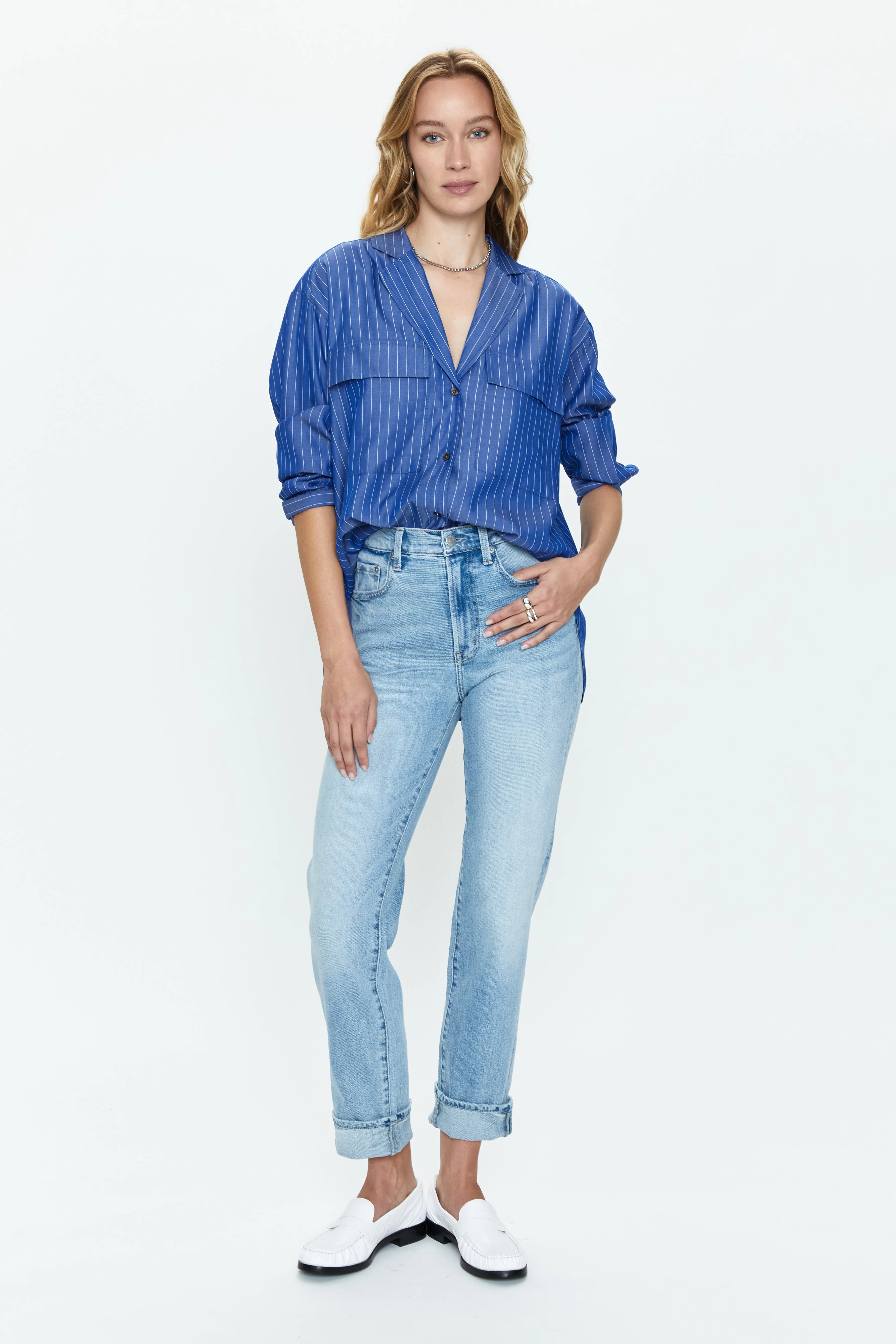 Irene Effortless Button Down Shirt - Dark Blue Pinstripe